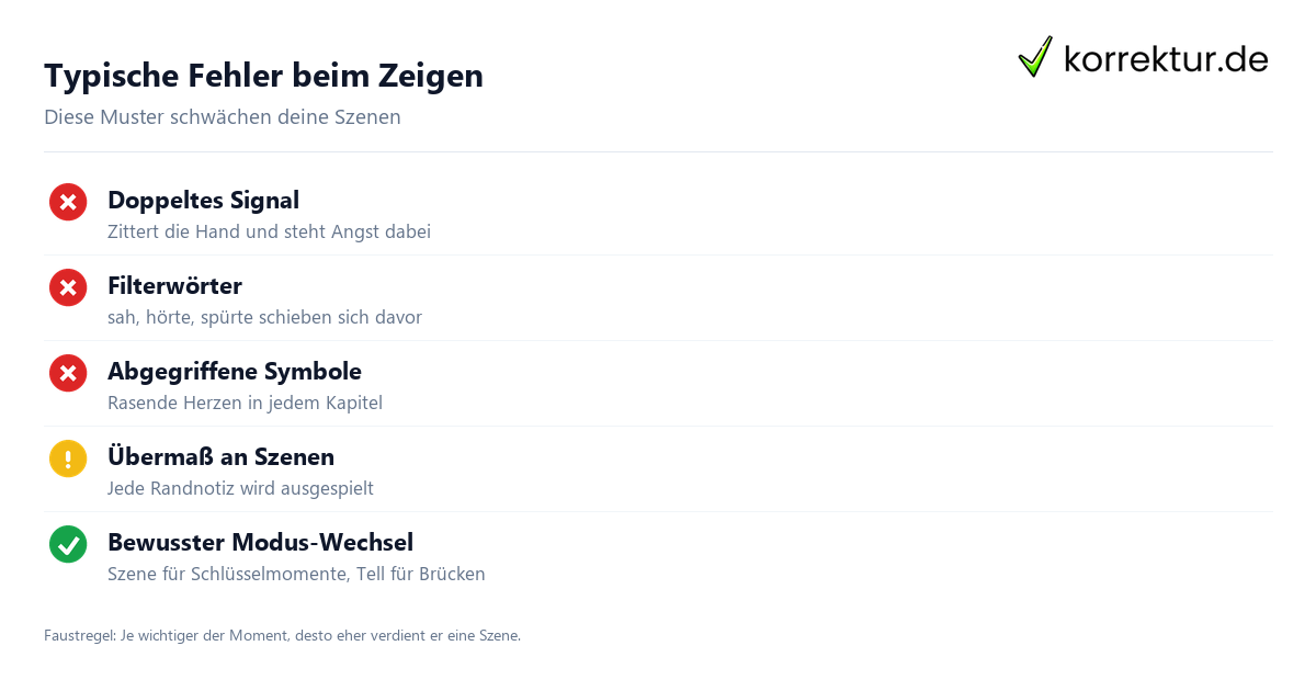 Typische Fehler beim Zeigen Show don't tell Checkliste: typische Fehler beim Zeigen im Roman