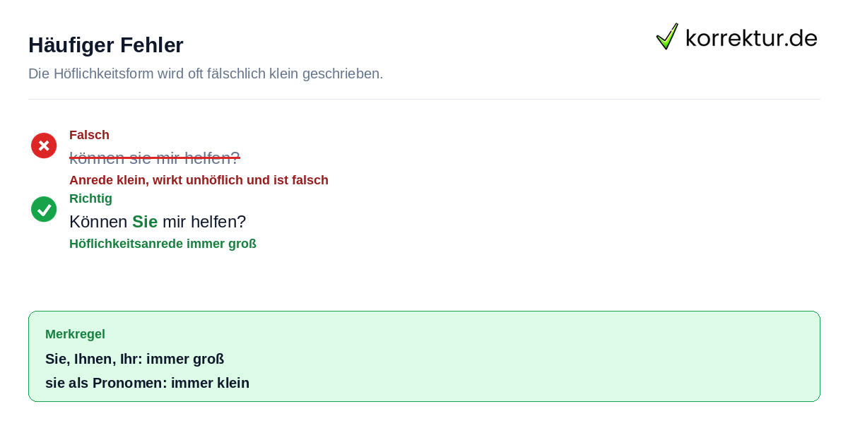 Häufiger Fehler Beispiel für richtige Groß- und Kleinschreibung bei Sie oder sie