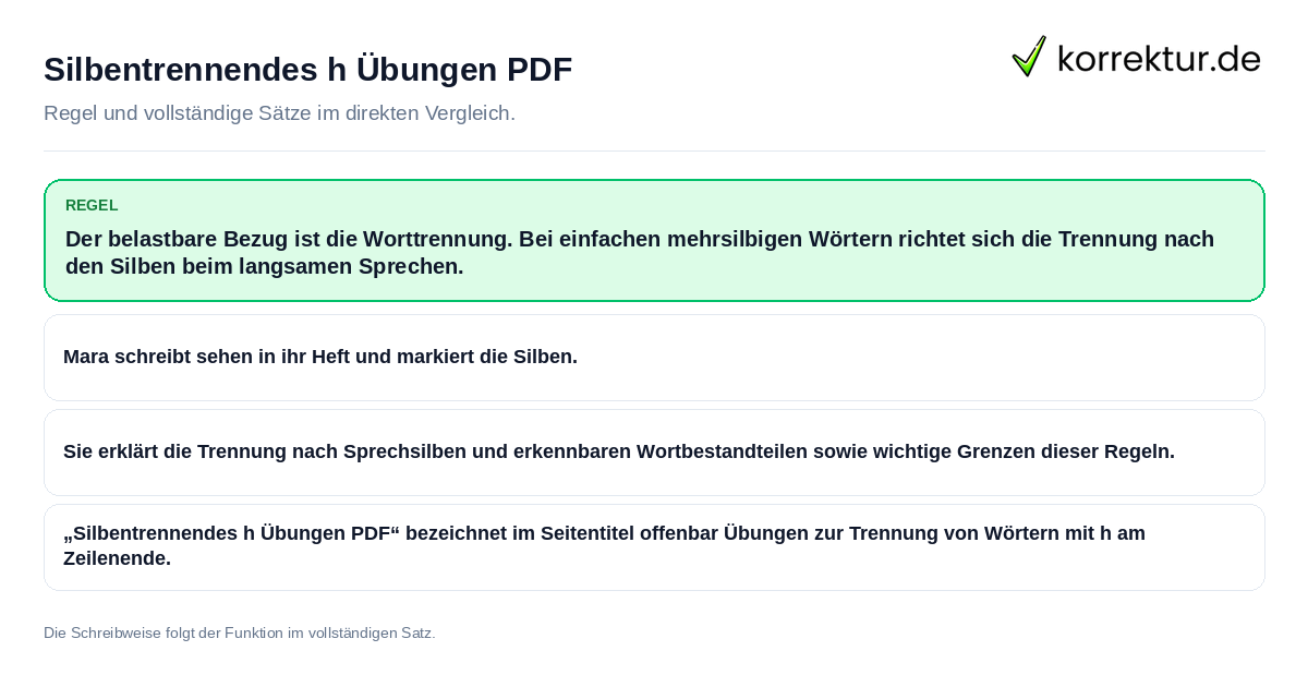Silbentrennendes h Übungen PDF Konkrete Regel und vollständige Beispielsätze zu Silbentrennendes h Übungen PDF