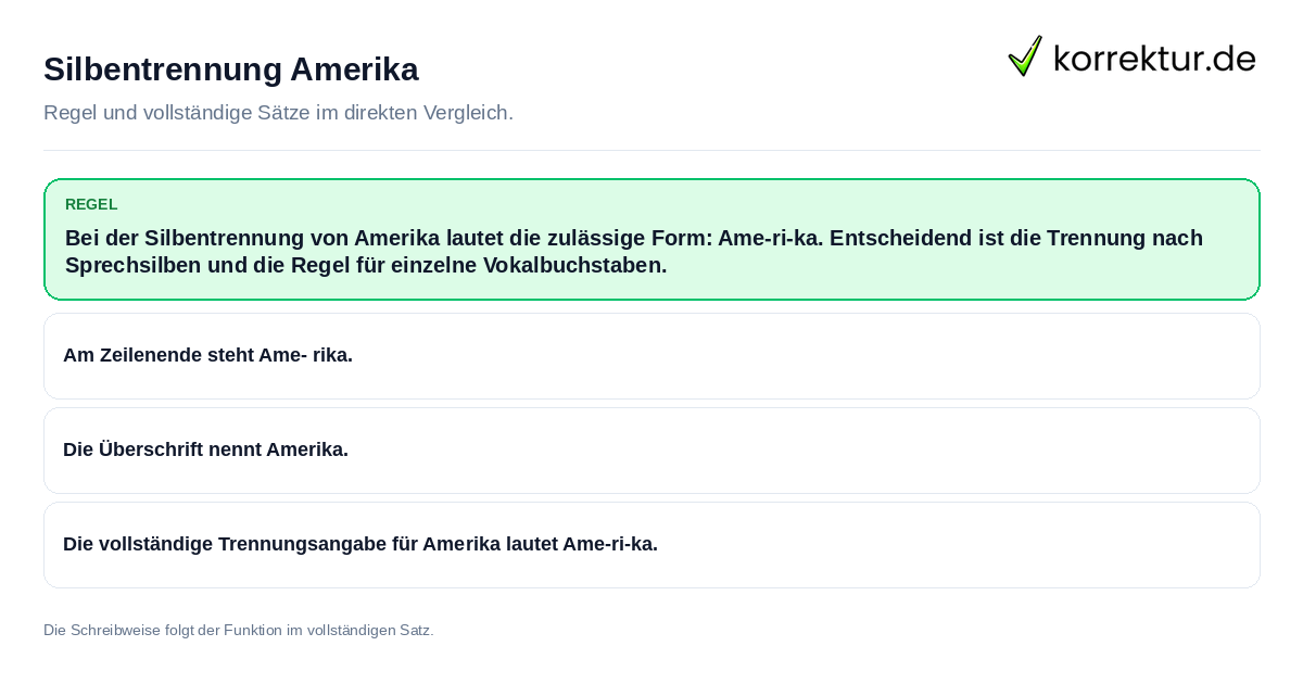 Konkrete Regel und vollständige Beispielsätze zu Silbentrennung Amerika