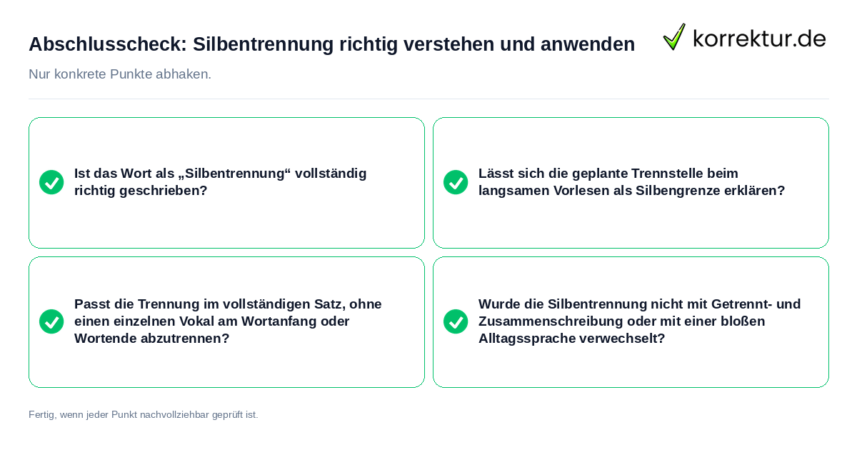 Konkreter Abschlusscheck zu Silbentrennung richtig verstehen und anwenden