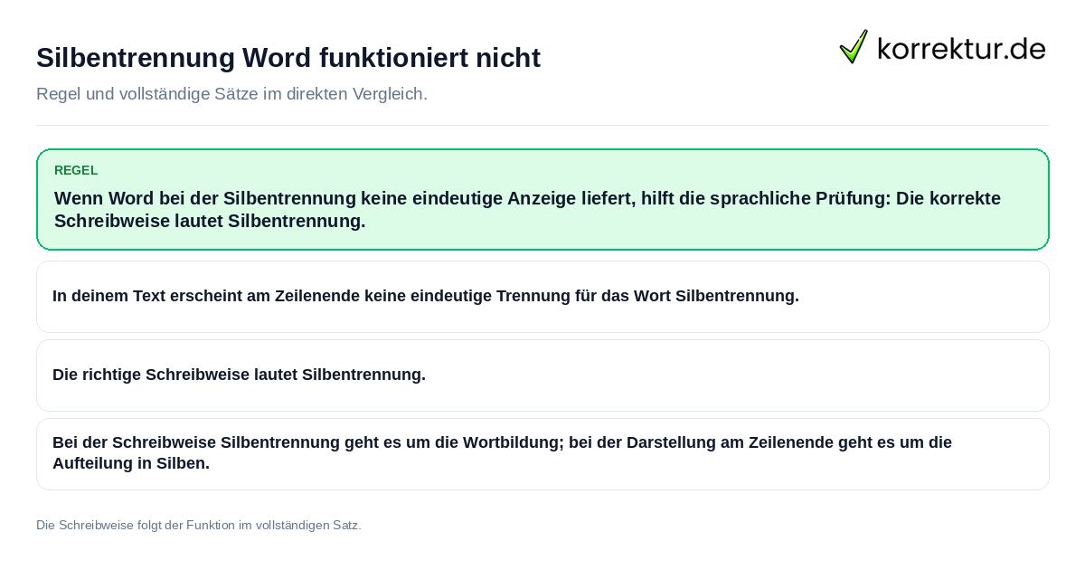 Silbentrennung Word funktioniert nicht Konkrete Regel und vollständige Beispielsätze zu Silbentrennung Word funktioniert nicht