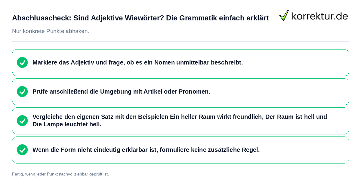 Abschlusscheck: Sind Adjektive Wiewörter? Die Grammatik einfach erklärt Konkreter Abschlusscheck zu Sind Adjektive Wiewörter? Die Grammatik einfach erklärt