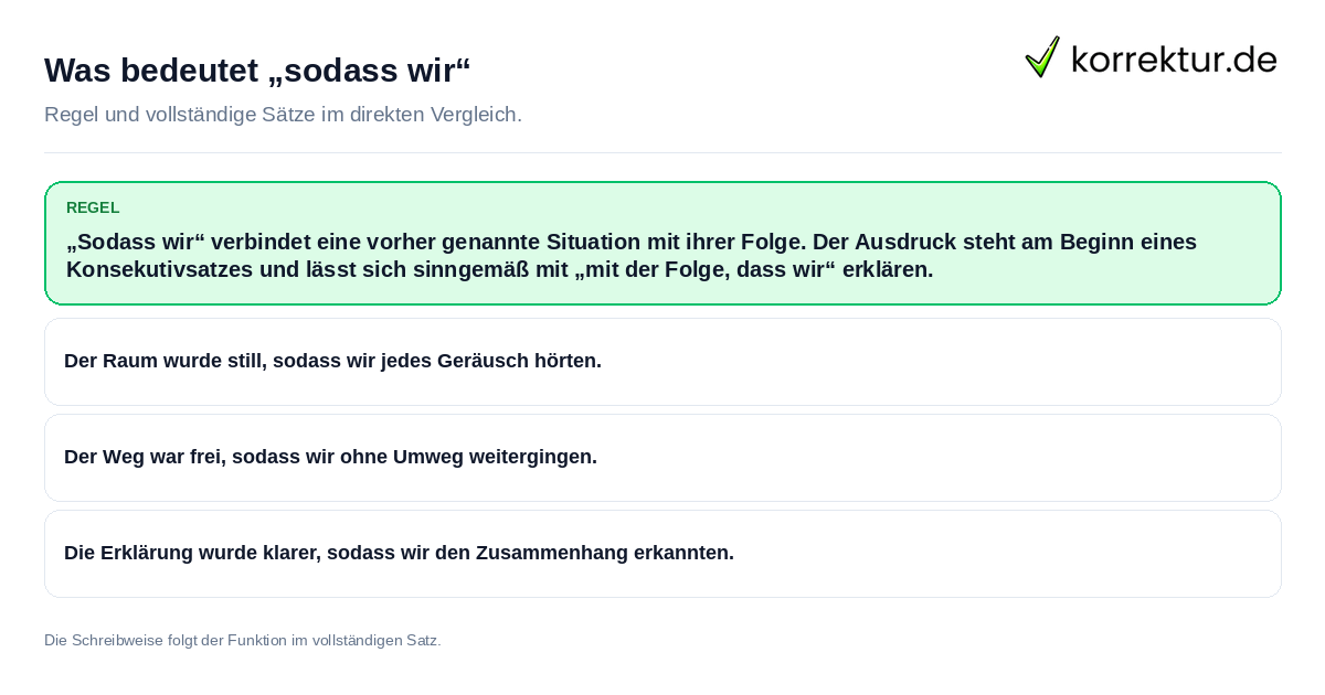 Konkrete Regel und vollständige Beispielsätze zu Was bedeutet „sodass wir“