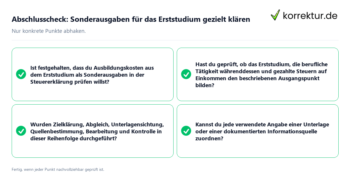 Konkreter Abschlusscheck zu Sonderausgaben für das Erststudium gezielt klären