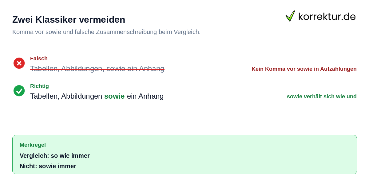 Häufiger Fehler bei sowie: Komma und Zusammenschreibung korrigiert