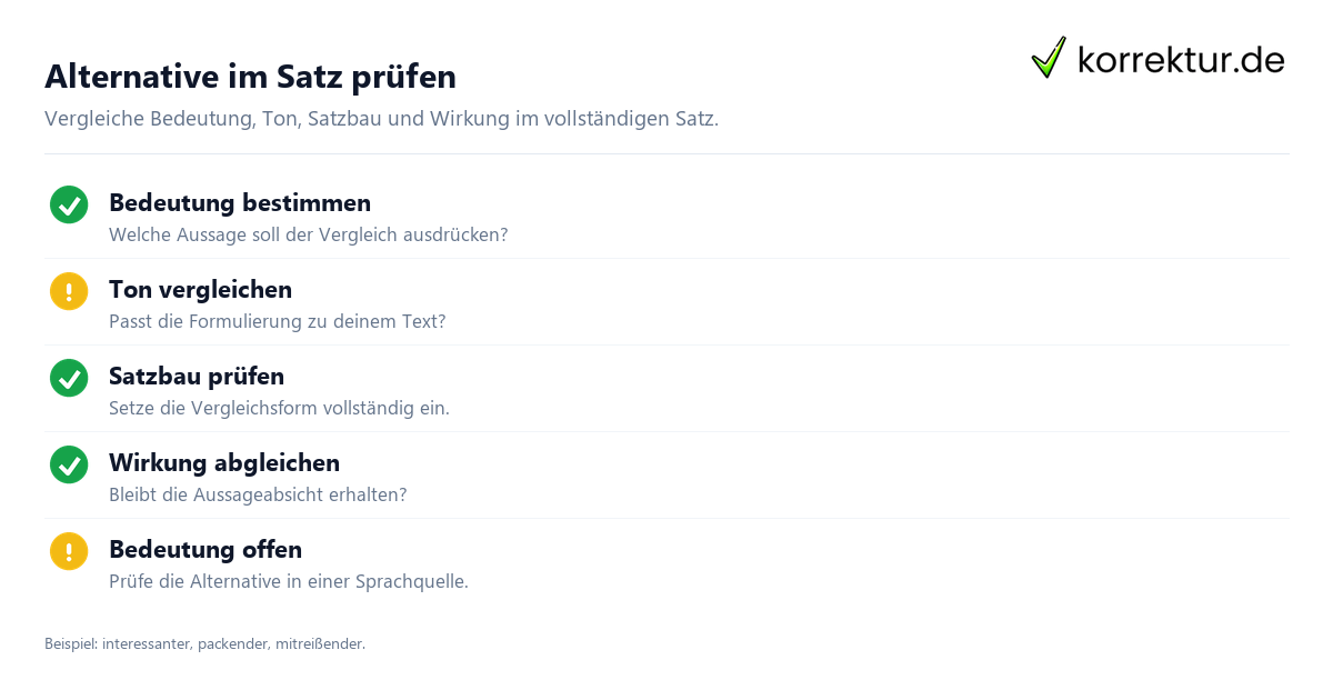 Passende Alternativen für spannender finden: Satzprüfung