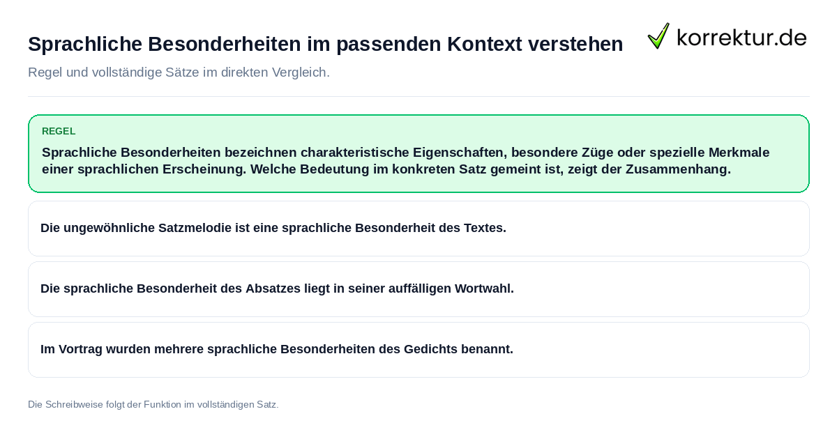 Konkrete Regel und vollständige Beispielsätze zu Sprachliche Besonderheiten im passenden Kontext