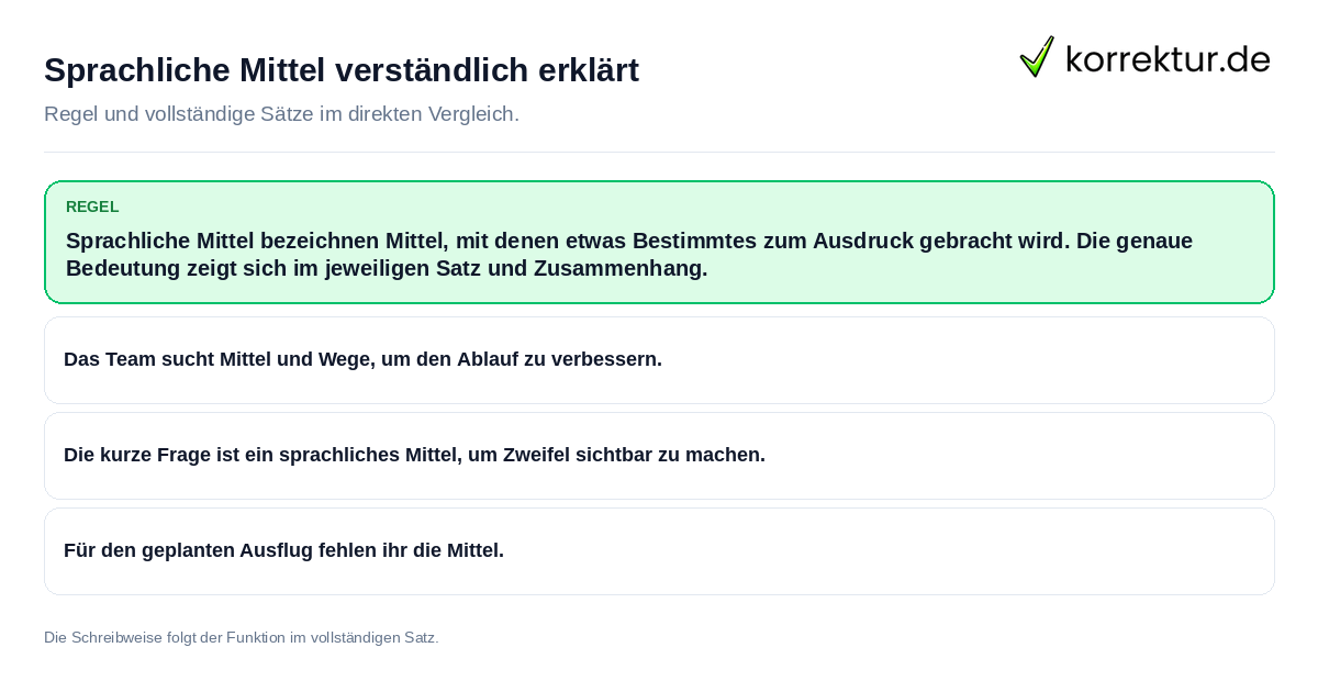 Konkrete Regel und vollständige Beispielsätze zu Sprachliche Mittel verständlich erklärt