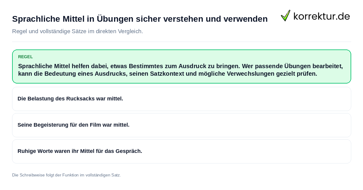 Konkrete Regel und vollständige Beispielsätze zu Sprachliche Mittel in Übungen sicher verstehen und