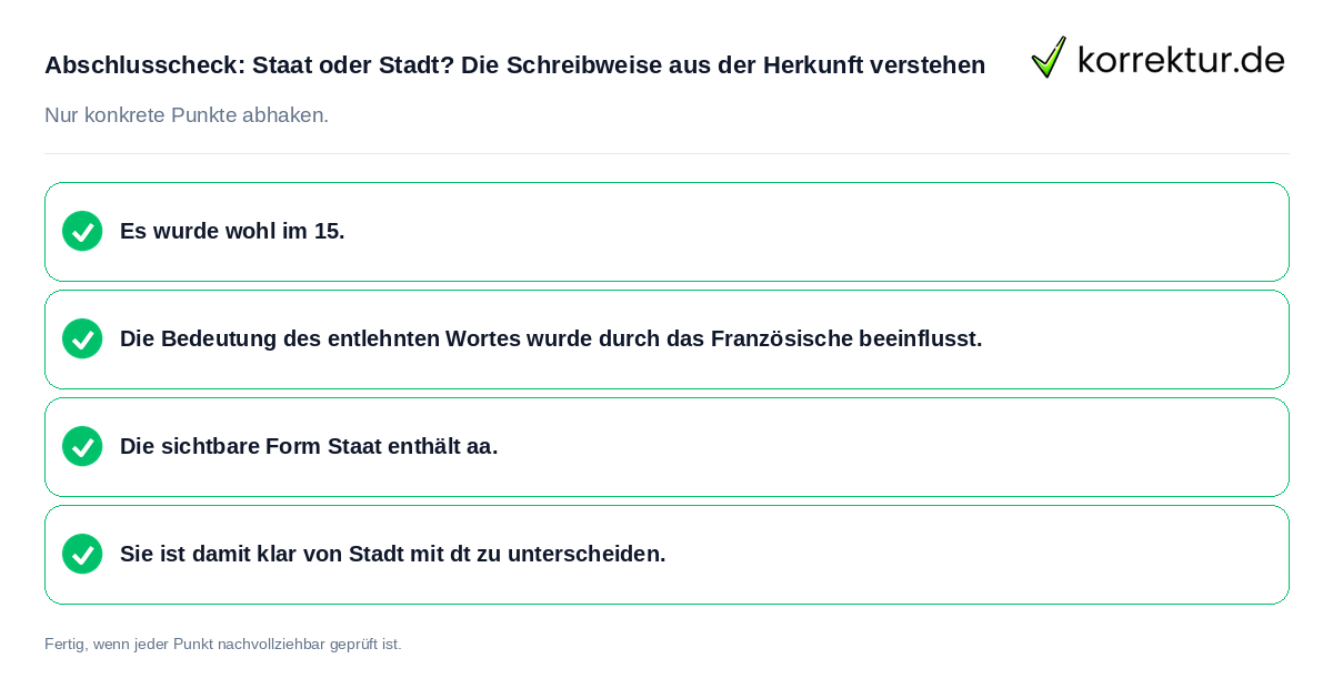 Konkreter Abschlusscheck zu Staat oder Stadt? Die Schreibweise aus der Herkunft verstehen
