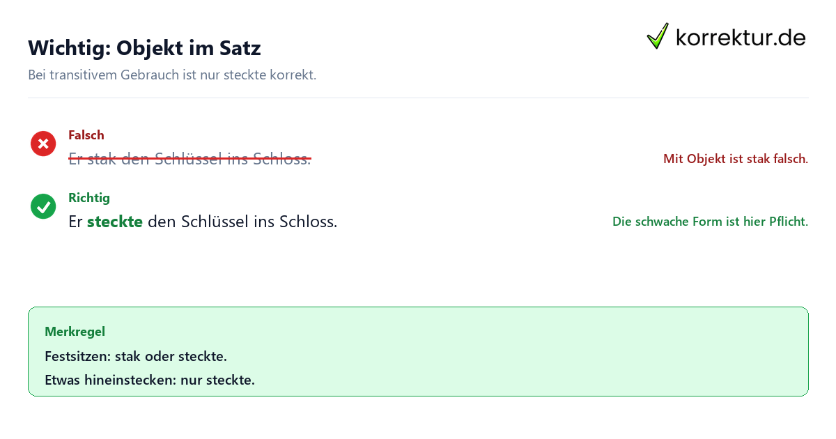 Stak oder steckte: transitiver Satz richtig formuliert