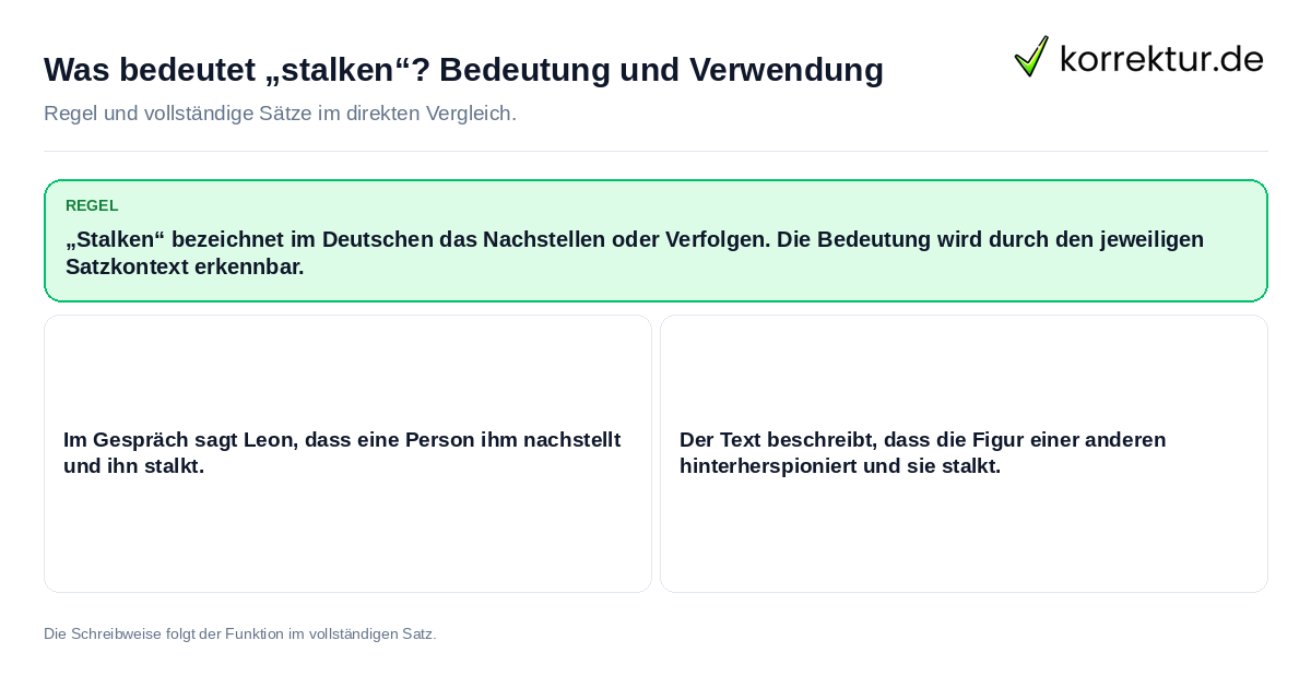 Konkrete Regel und vollständige Beispielsätze zu Was bedeutet „stalken“? Bedeutung und Verwendung