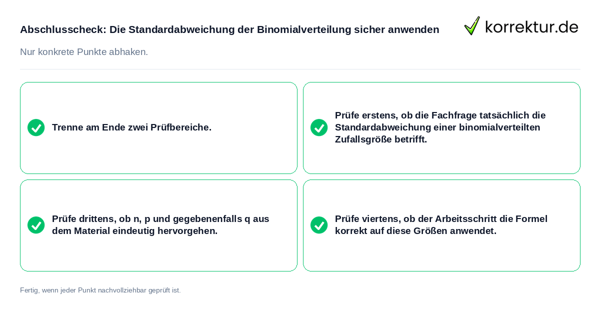 Abschlusscheck: Die Standardabweichung der Binomialverteilung sicher anwenden Konkreter Abschlusscheck zu Die Standardabweichung der Binomialverteilung sicher anwenden