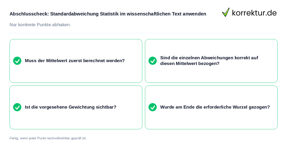 Abschlusscheck: Standardabweichung Statistik im wissenschaftlichen Text anwenden Konkreter Abschlusscheck zu Standardabweichung Statistik im wissenschaftlichen Text anwenden