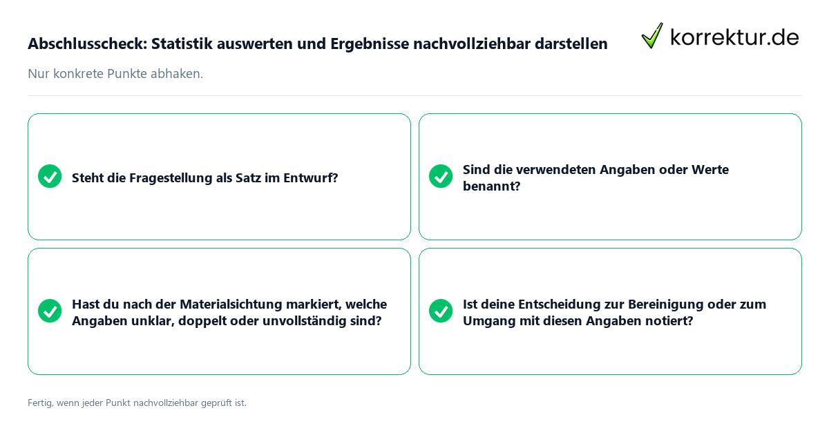 Konkreter Abschlusscheck zu Statistik auswerten und Ergebnisse nachvollziehbar darstellen