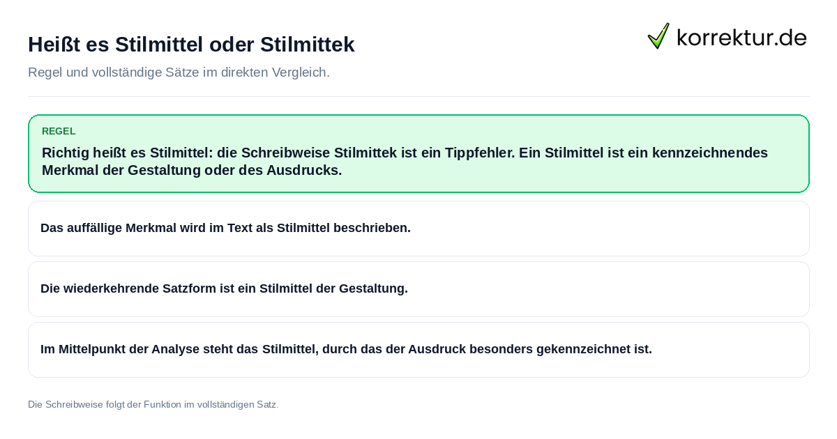 Konkrete Regel und vollständige Beispielsätze zu Heißt es Stilmittel oder Stilmittek