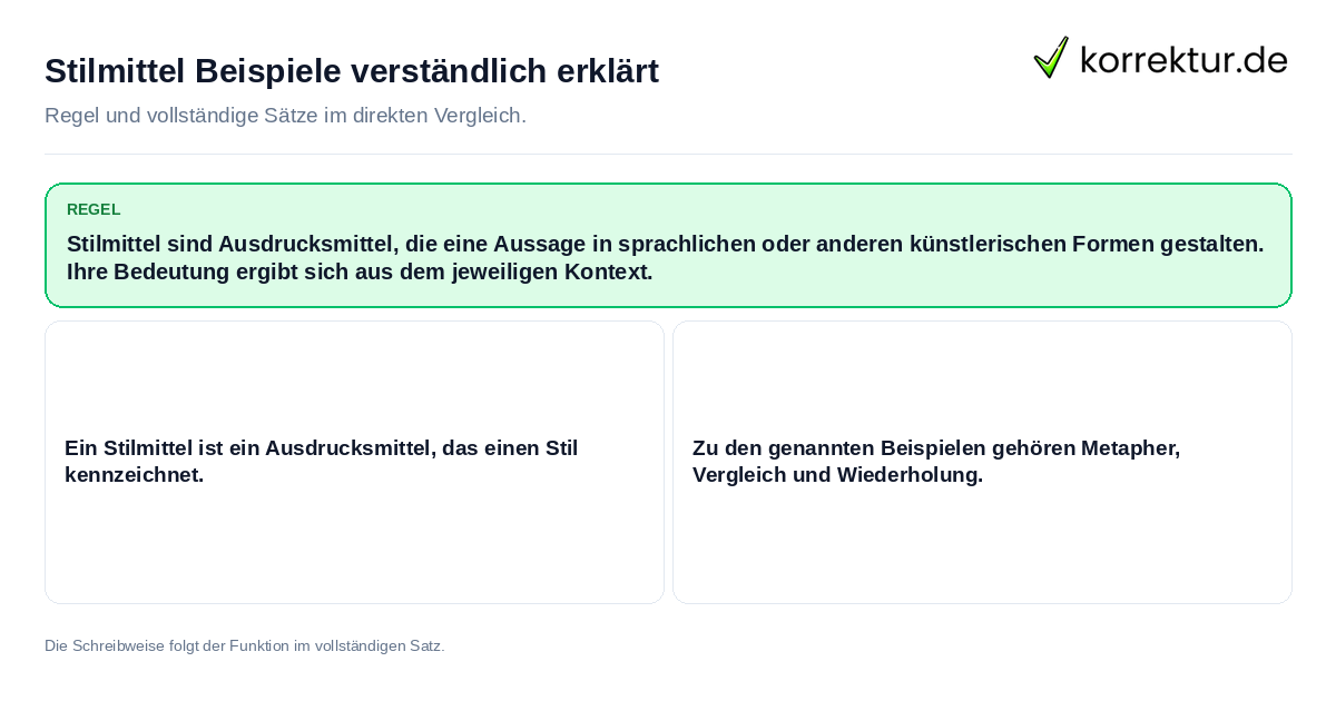Konkrete Regel und vollständige Beispielsätze zu Stilmittel Beispiele verständlich erklärt