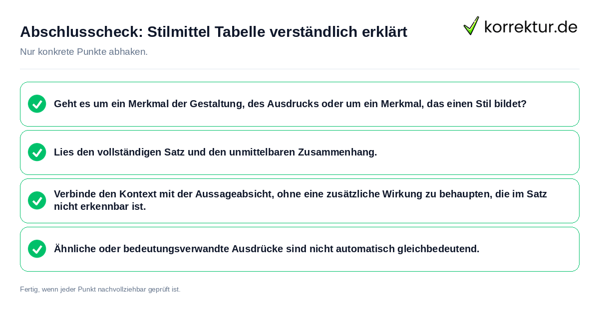 Abschlusscheck: Stilmittel Tabelle verständlich erklärt Konkreter Abschlusscheck zu Stilmittel Tabelle verständlich erklärt