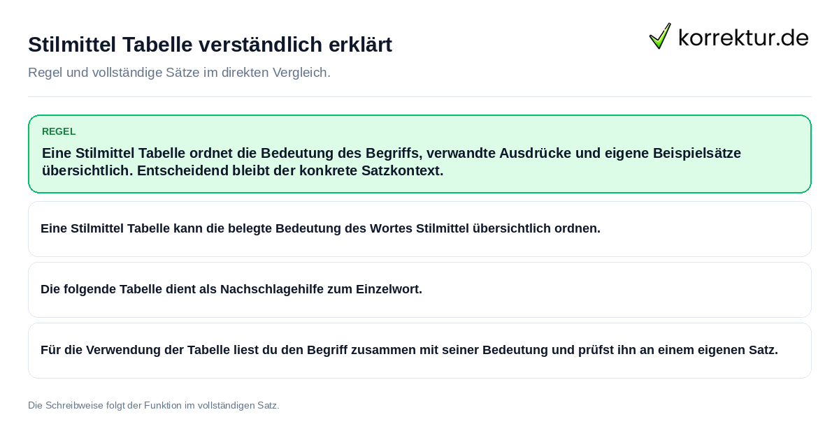 Stilmittel Tabelle verständlich erklärt Konkrete Regel und vollständige Beispielsätze zu Stilmittel Tabelle verständlich erklärt