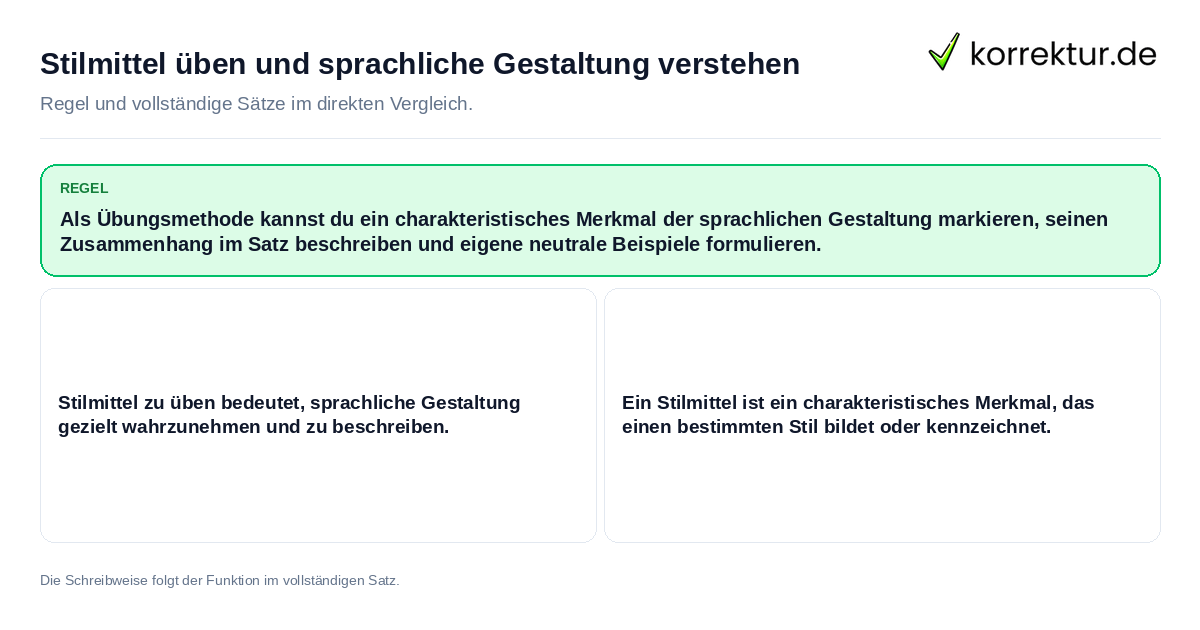 Stilmittel üben und sprachliche Gestaltung verstehen Konkrete Regel und vollständige Beispielsätze zu Stilmittel üben und sprachliche Gestaltung