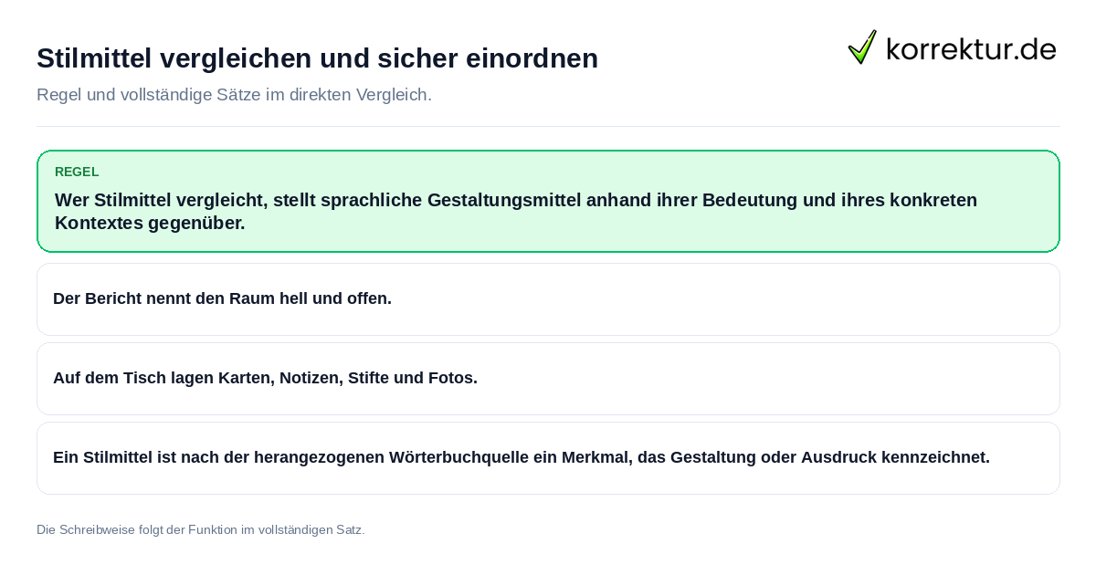 Stilmittel vergleichen und sicher einordnen Konkrete Regel und vollständige Beispielsätze zu Stilmittel vergleichen und sicher einordnen