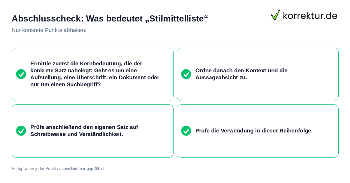 Konkreter Abschlusscheck zu Was bedeutet „Stilmittelliste“