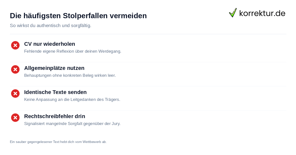 Die häufigsten Stolperfallen vermeiden Checkliste für Motivationsschreiben fürs Stipendium überzeugend schreiben