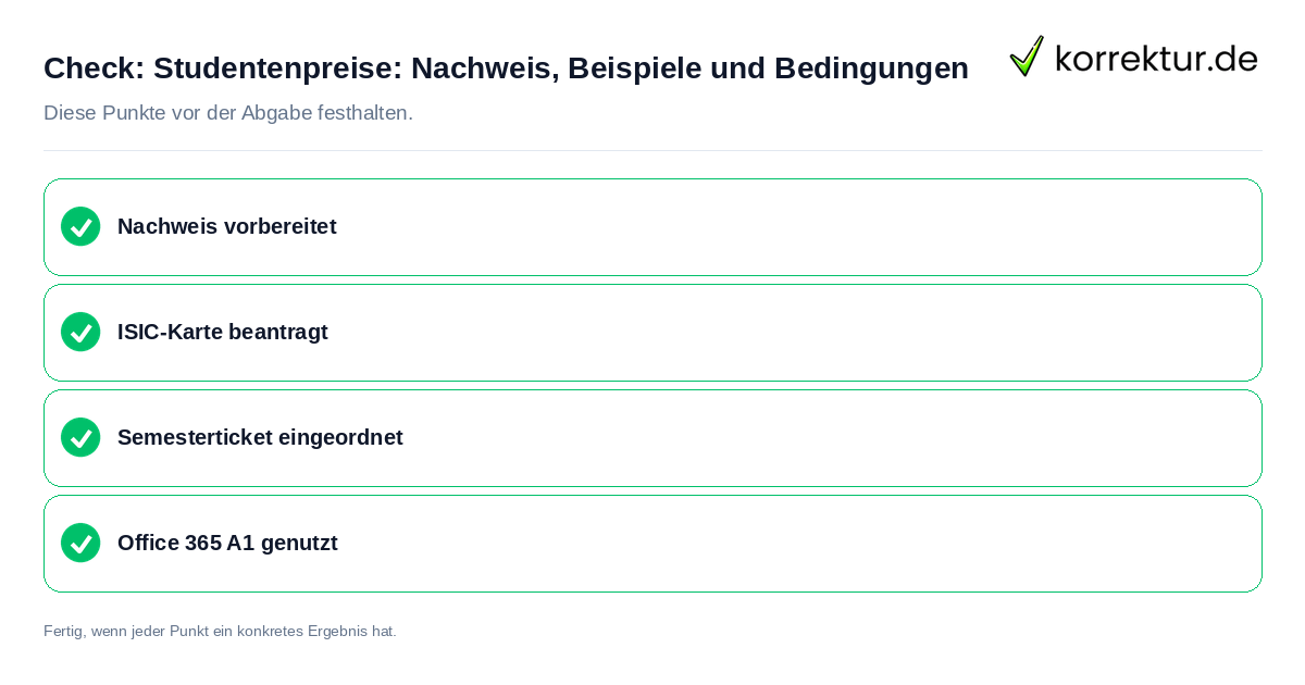 Studentenpreise: Nachweis, Beispiele und Bedingungen: Prüfliste mit vier Punkten