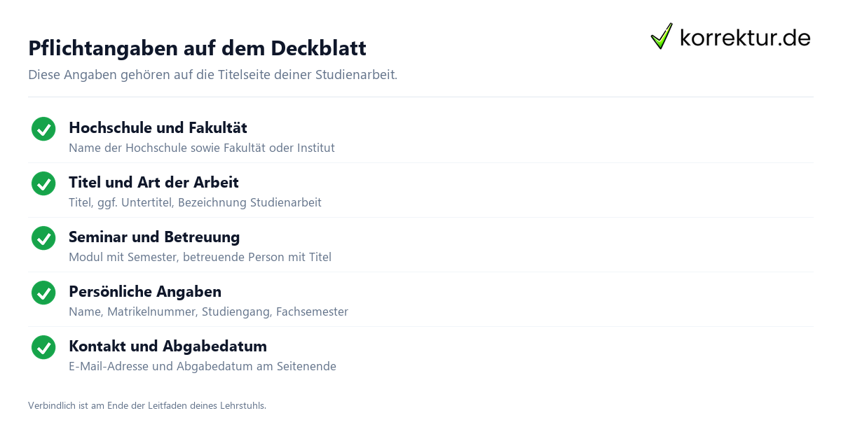 Studienarbeit Deckblatt Pflichtangaben Checkliste