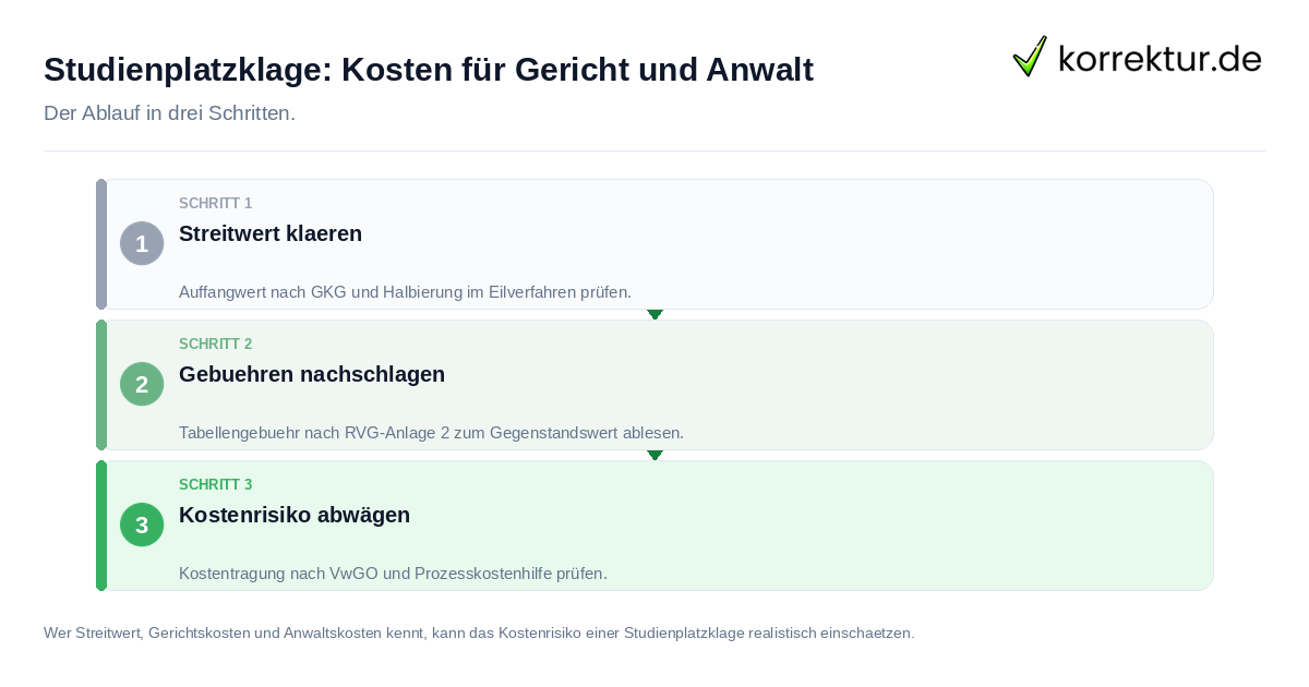 Studienplatzklage: Kosten für Gericht und Anwalt Studienplatzklage: Kosten für Gericht und Anwalt: der Ablauf in drei Schritten