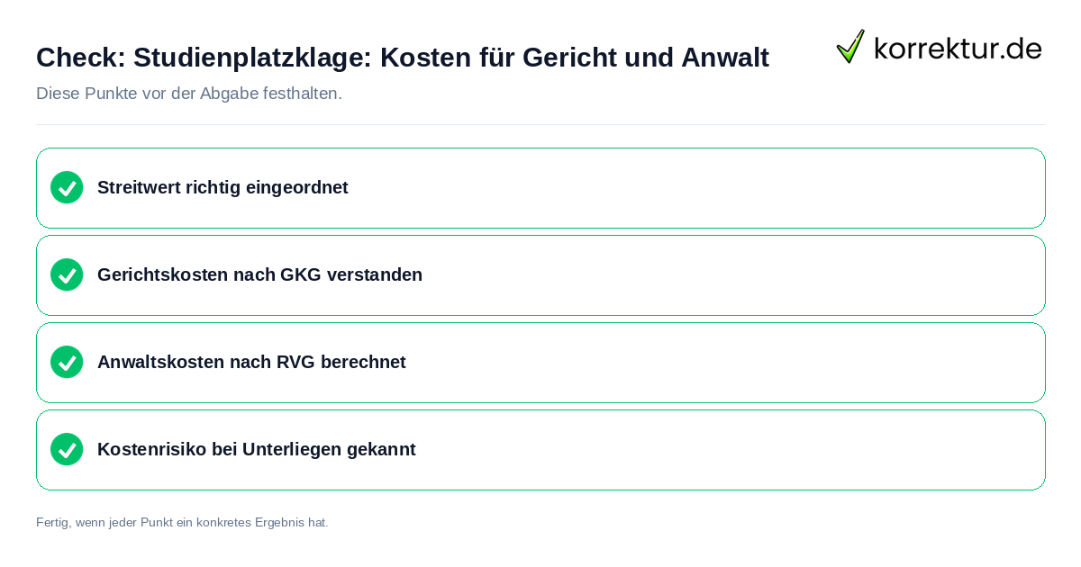 Check: Studienplatzklage: Kosten für Gericht und Anwalt Studienplatzklage: Kosten für Gericht und Anwalt: Prüfliste mit vier Punkten