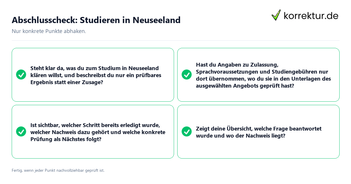 Abschlusscheck: Studieren in Neuseeland Konkreter Abschlusscheck zu Studieren in Neuseeland