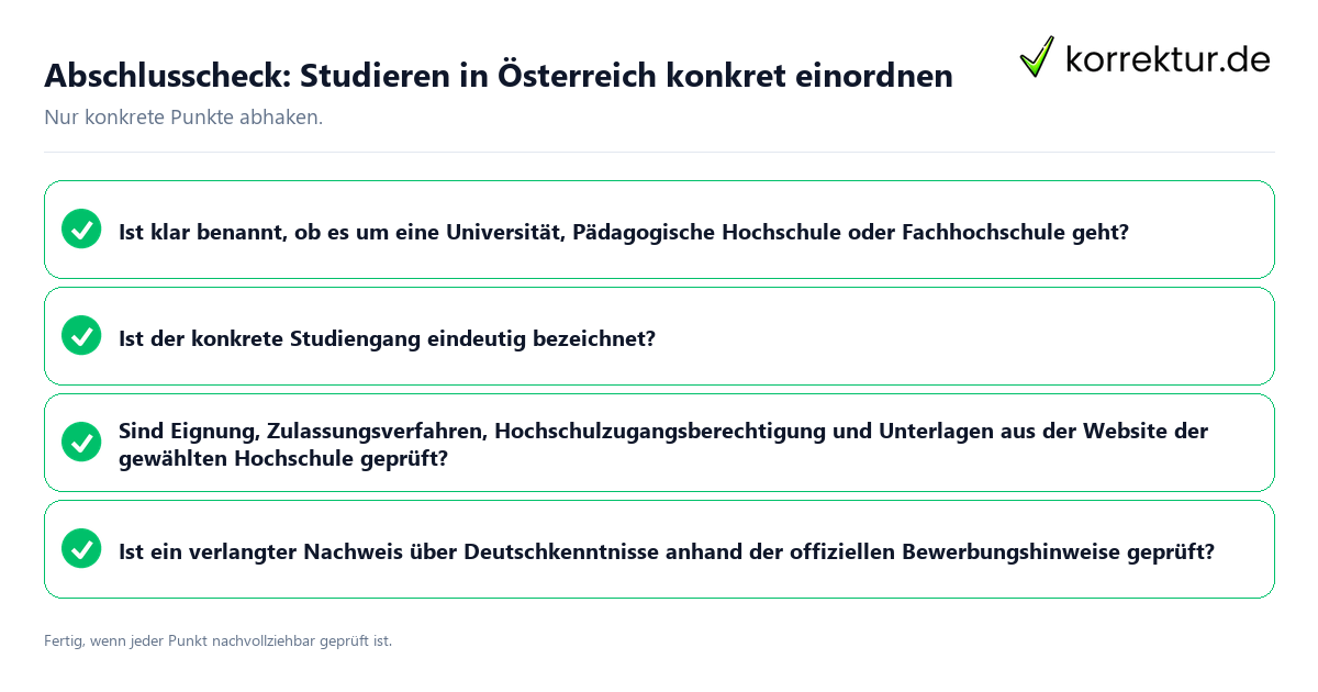 Abschlusscheck: Studieren in Österreich konkret einordnen Konkreter Abschlusscheck zu Studieren in Österreich konkret einordnen