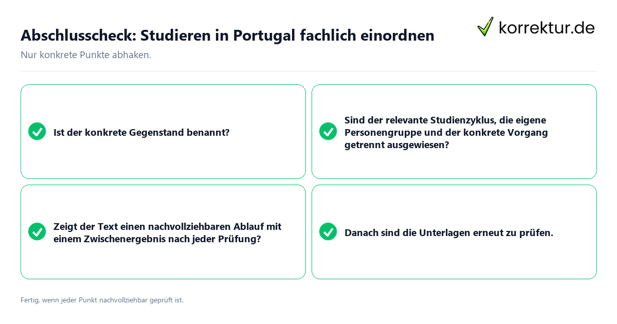 Abschlusscheck: Studieren in Portugal fachlich einordnen Konkreter Abschlusscheck zu Studieren in Portugal fachlich einordnen