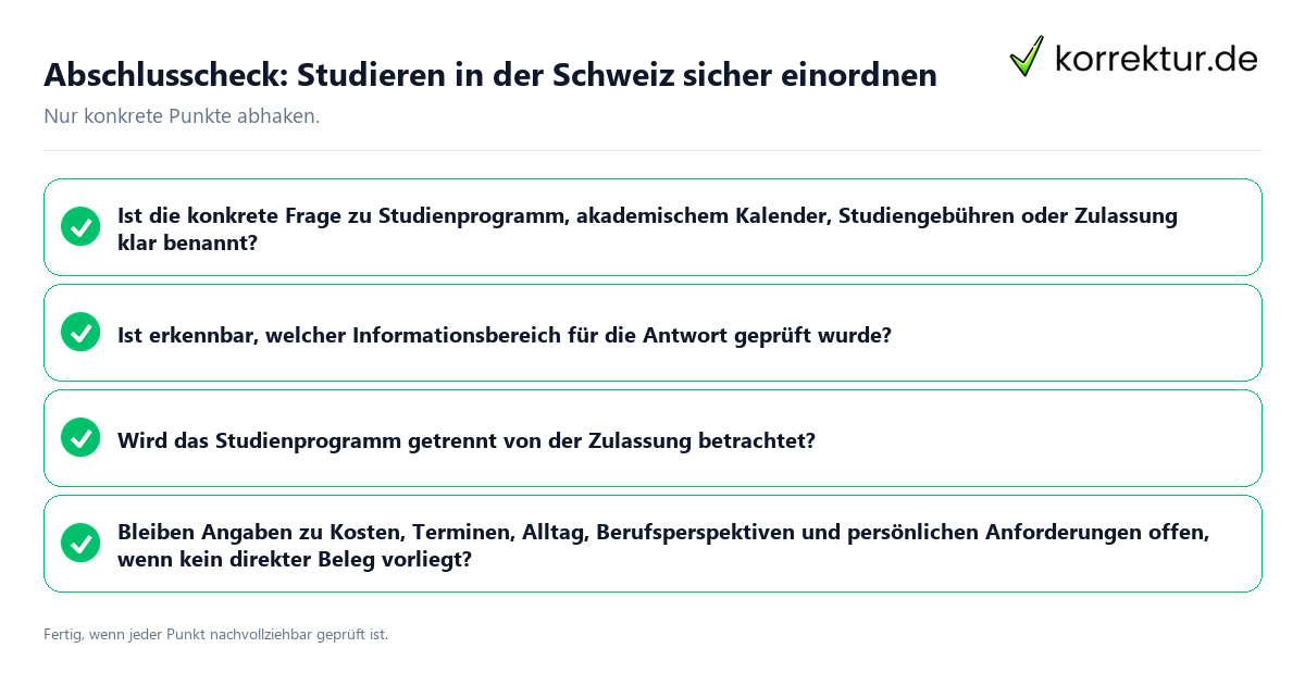 Konkreter Abschlusscheck zu Studieren in der Schweiz sicher einordnen