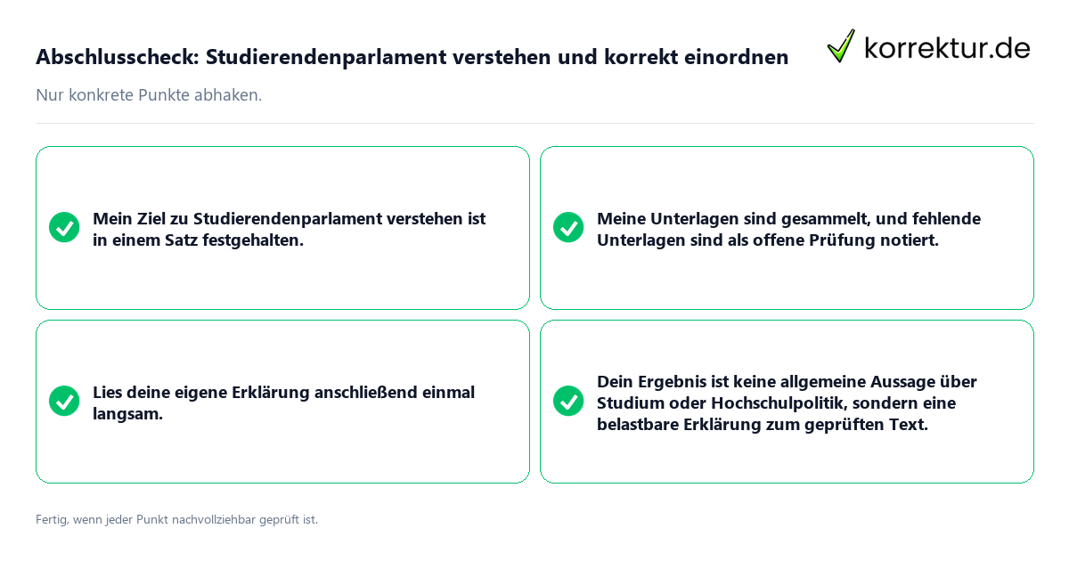 Konkreter Abschlusscheck zu Studierendenparlament verstehen und korrekt einordnen