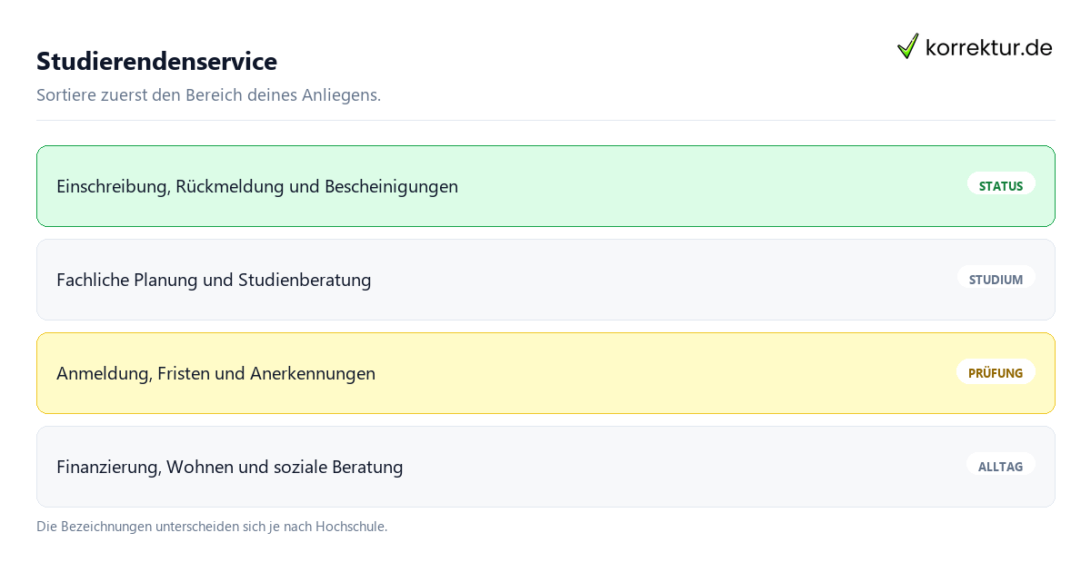 Studierendenservice als Sortierhilfe für Status, Studium und Alltag