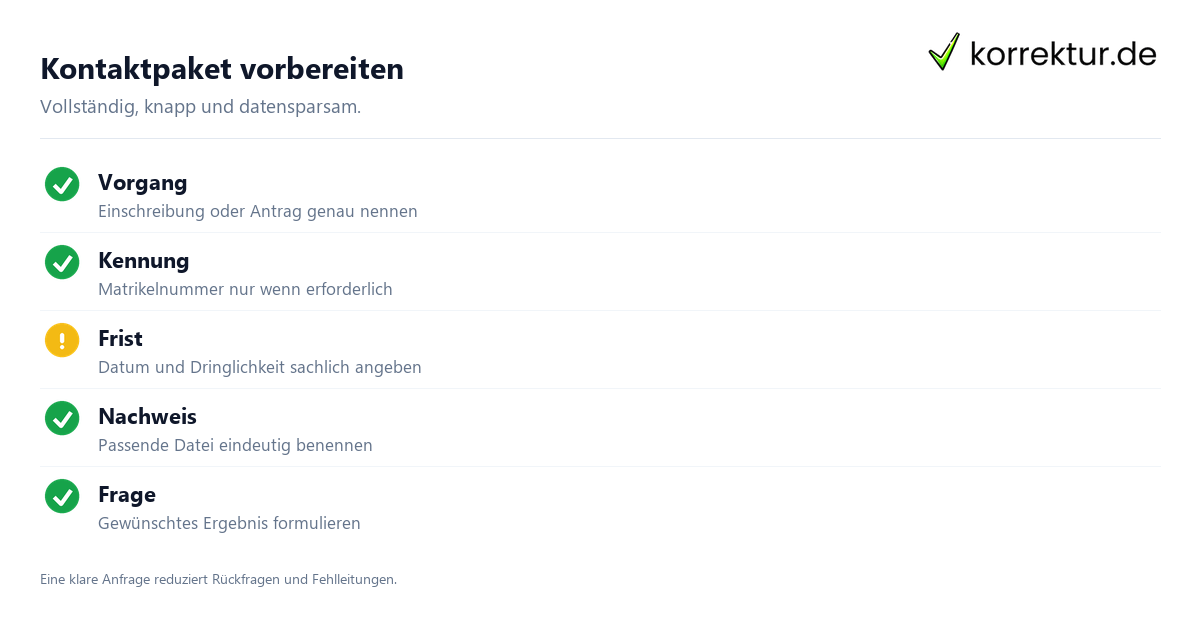 Studierendenservice mit Kontaktpaket aus Vorgang, Frist und Nachweis