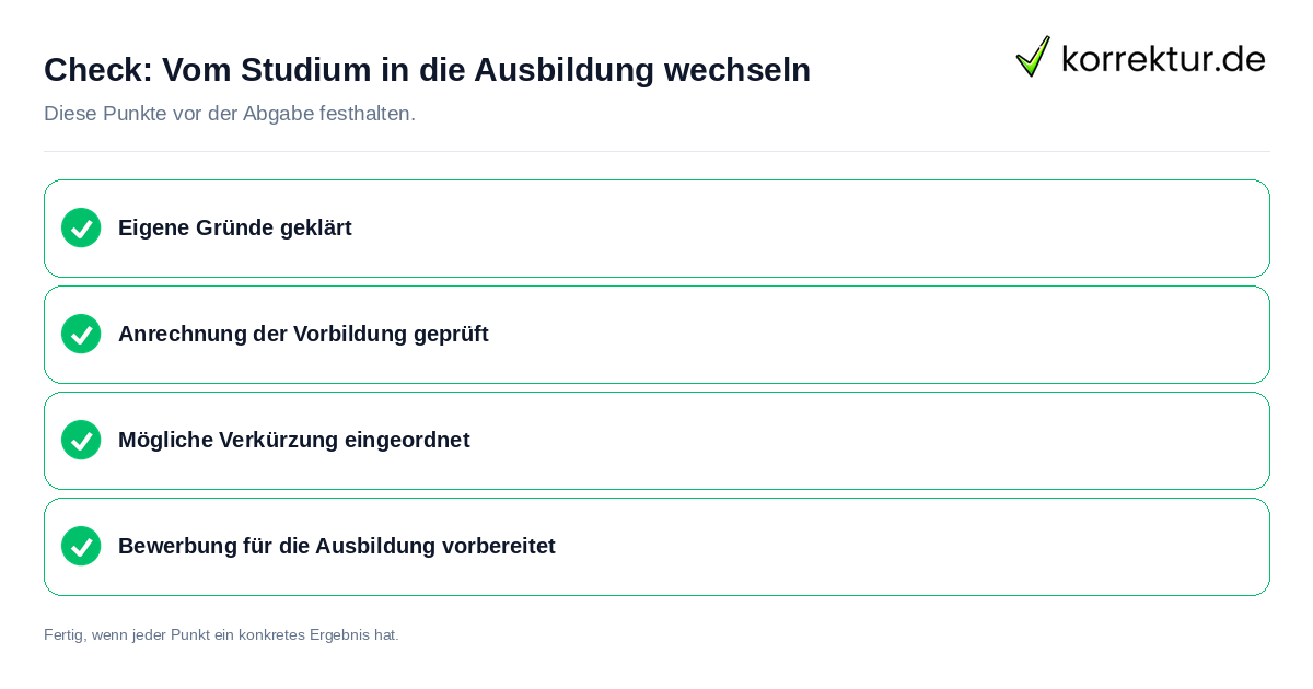 Check: Vom Studium in die Ausbildung wechseln Vom Studium in die Ausbildung wechseln: Prüfliste mit vier Punkten