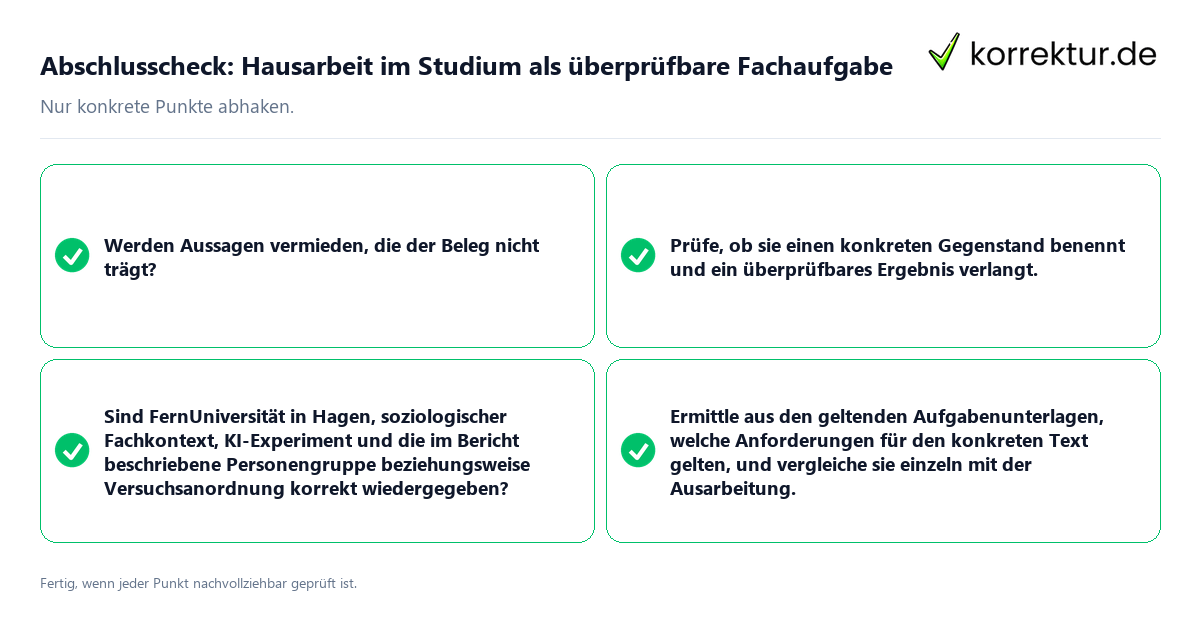 Konkreter Abschlusscheck zu Hausarbeit im Studium als überprüfbare Fachaufgabe