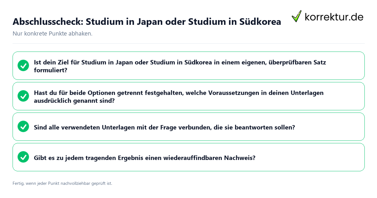 Konkreter Abschlusscheck zu Studium in Japan oder Studium in Südkorea