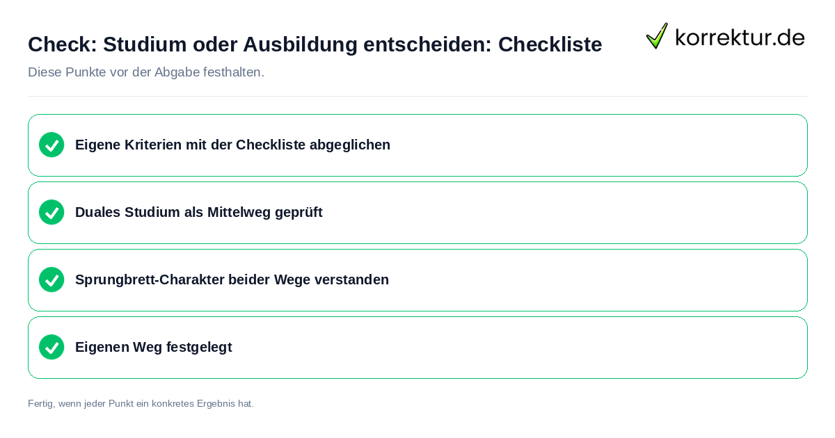 Check: Studium oder Ausbildung entscheiden: Checkliste Studium oder Ausbildung entscheiden: Checkliste: Prüfliste mit vier Punkten