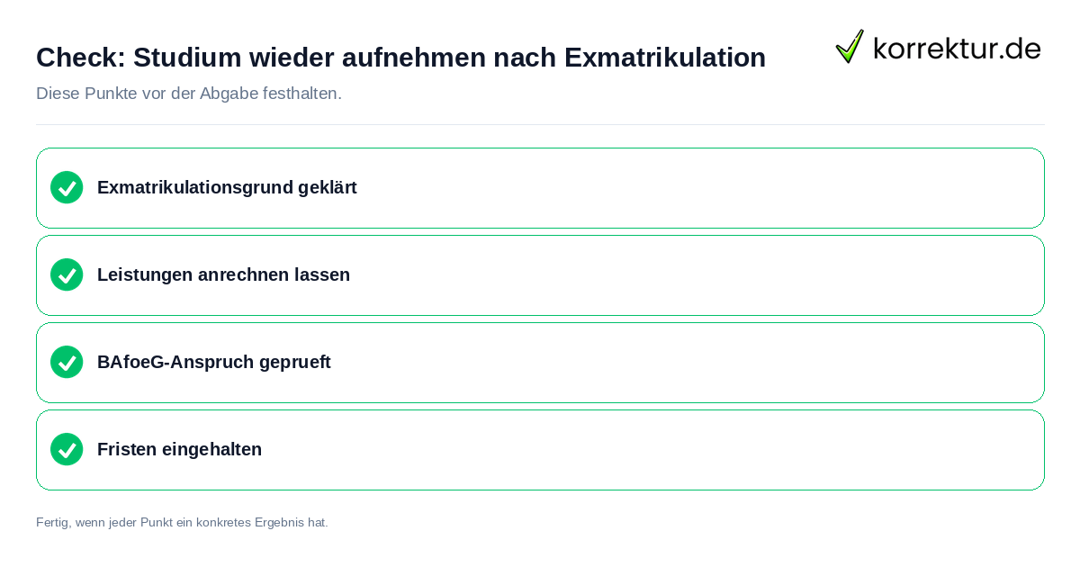 Check: Studium wieder aufnehmen nach Exmatrikulation Studium wieder aufnehmen nach Exmatrikulation: Prüfliste mit vier Punkten