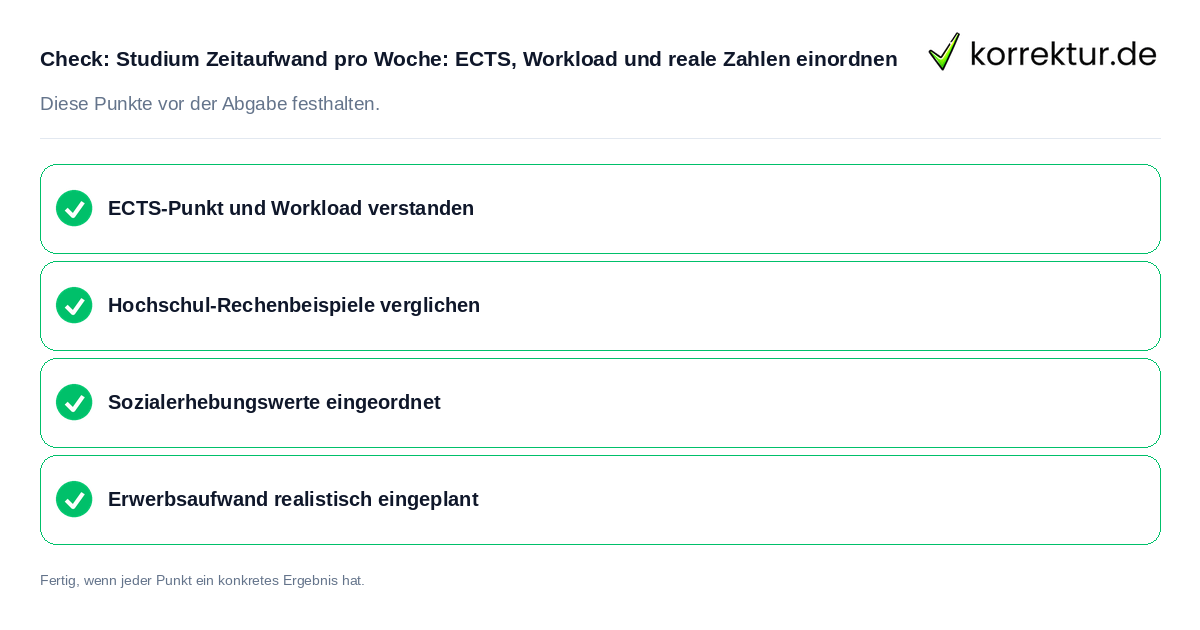 Studium Zeitaufwand pro Woche: ECTS, Workload und reale Zahlen einordnen: Prüfliste mit vier Punkten