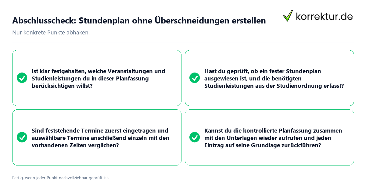 Abschlusscheck: Stundenplan ohne Überschneidungen erstellen Konkreter Abschlusscheck zu Stundenplan ohne Überschneidungen erstellen