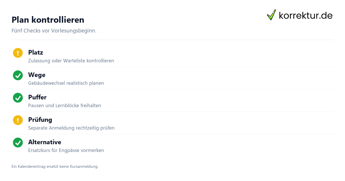 Stundenplan im Studium erstellen mit Kontrolle für Anmeldung, Wege und Puffer