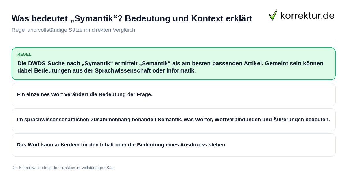 Konkrete Regel und vollständige Beispielsätze zu Was bedeutet „Symantik“? Bedeutung und Kontext