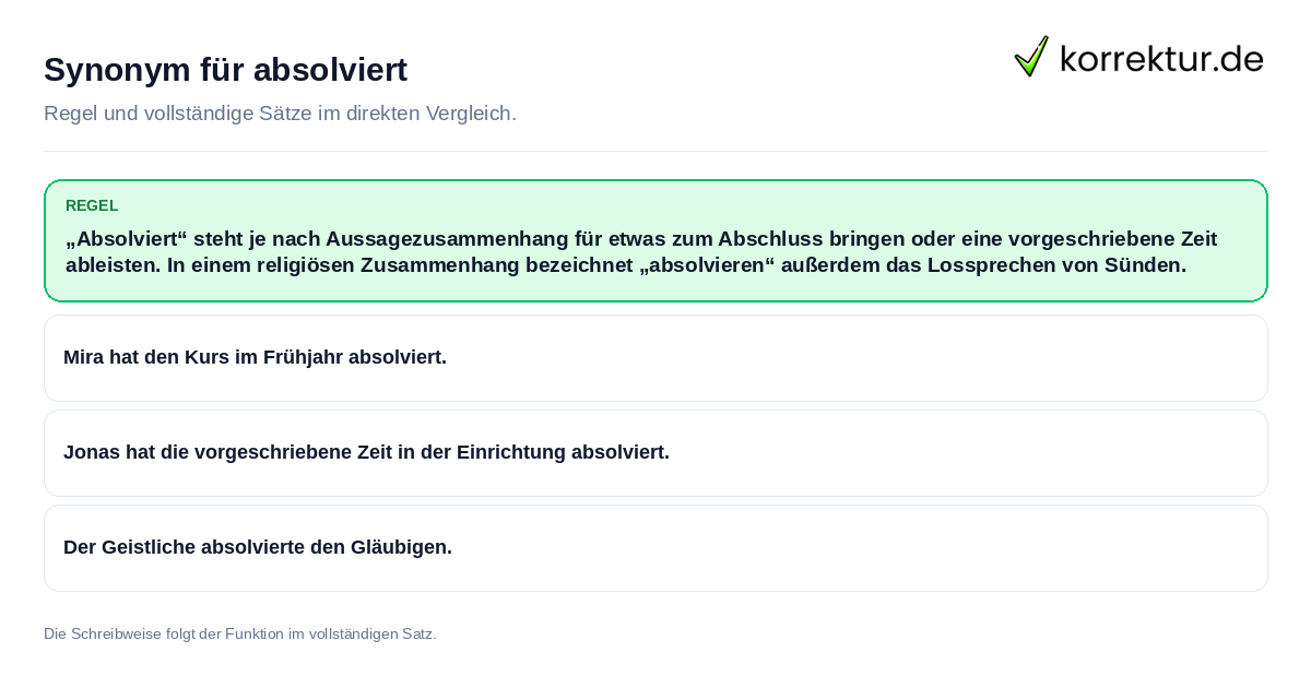 Synonym für absolviert Konkrete Regel und vollständige Beispielsätze zu Synonym für absolviert