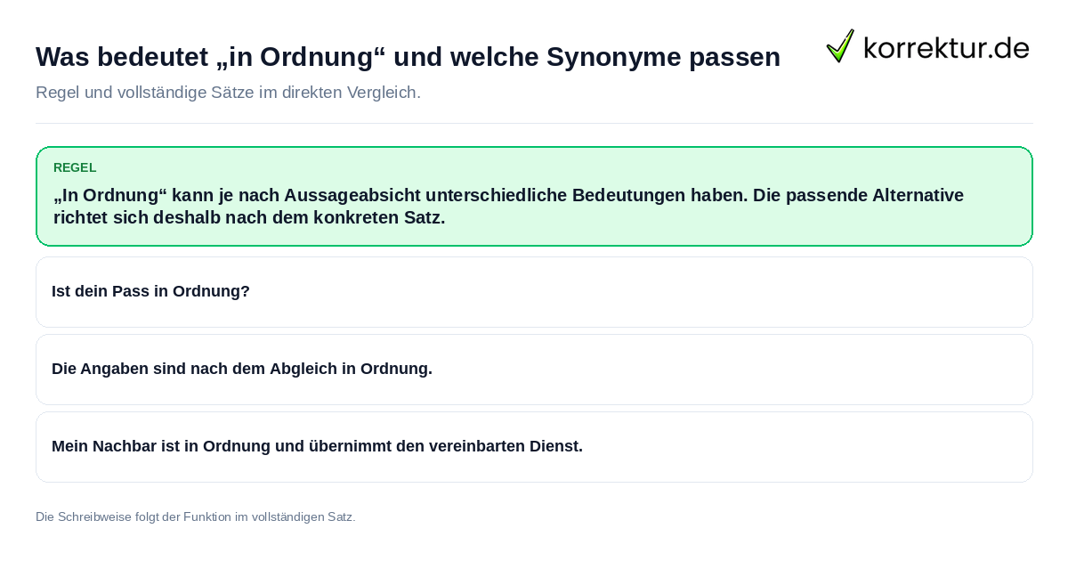 Konkrete Regel und vollständige Beispielsätze zu Was bedeutet „in Ordnung“ und welche Synonyme